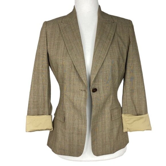 Elie Tahari Women's Tan Coastal Plaid One Button Designer Career Blazer 4/C34 - Picture 2 of 12